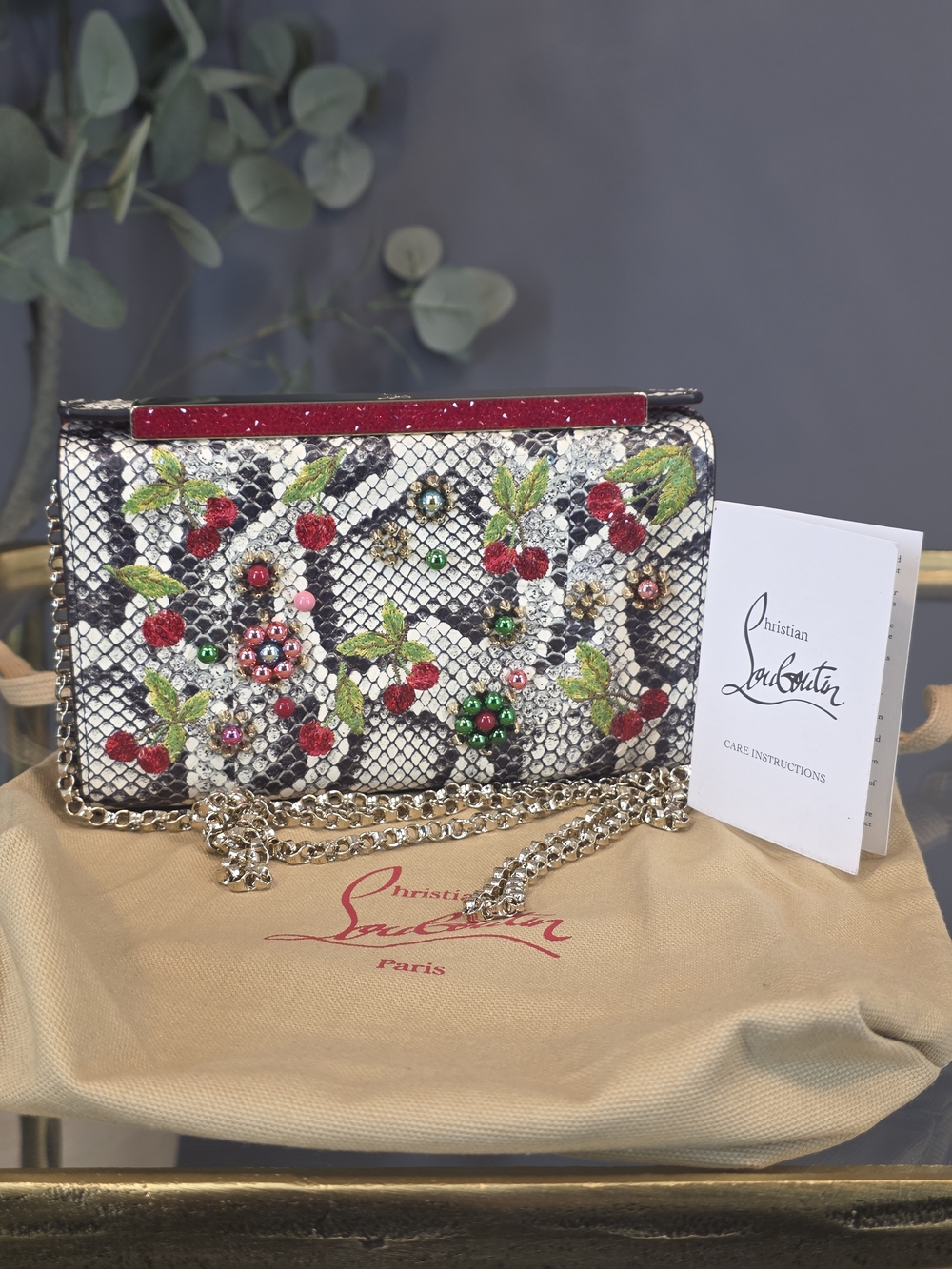 Christian Louboutin White Python-Print Crossbody with Red Cherry Embellishments
